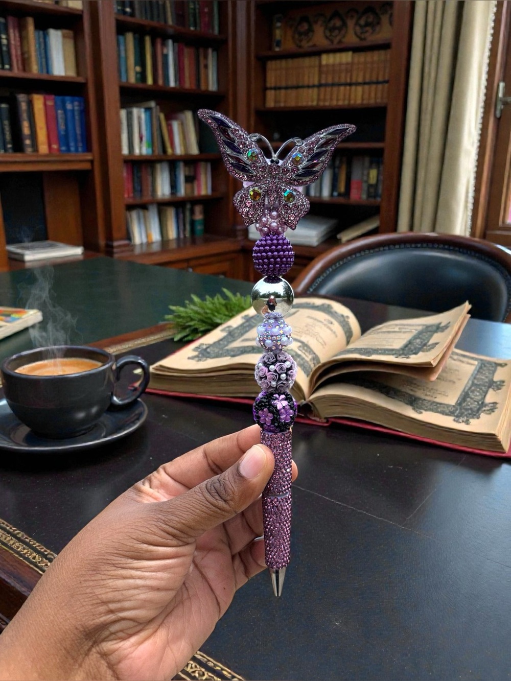 Handcrafted Purple Beaded Rhinestone Butterfly Pen & NWT nature JOURNAL - Picture 3 of 5